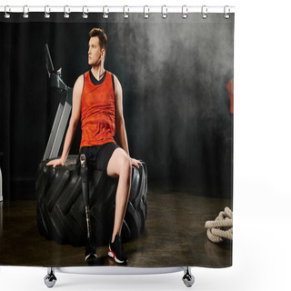 Personality  A Man With A Prosthetic Leg Sitting Confidently On Top Of A Colossal Tire, Showcasing Strength And Balance In An Unconventional Workout Routine. Shower Curtains