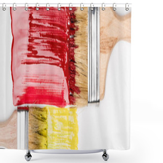 Personality  Top View Of Paintbrushes Near Colorful Red And Yellow Paint Brushstrokes On White Background, Panoramic Shot Shower Curtains