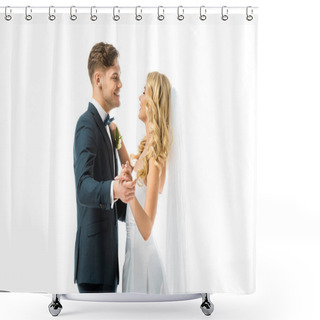 Personality  Happy Bride And Smiling Groom Dancing And Looking At Each Other Isolated On White Shower Curtains