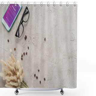 Personality  Top View Of Smartphone With Instagram App On Screen With Eyeglasses, Spilled Coffee Beans And Lagurus Ovatus Bouquet On Concrete Surface Shower Curtains