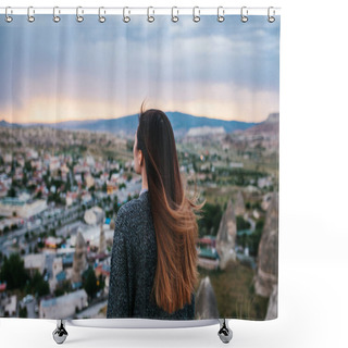 Personality  Young Woman Tourist From A High Point Looking At The Sunset Over The City Of Goreme In Cappadocia In Turkey And Dreaming. Shower Curtains