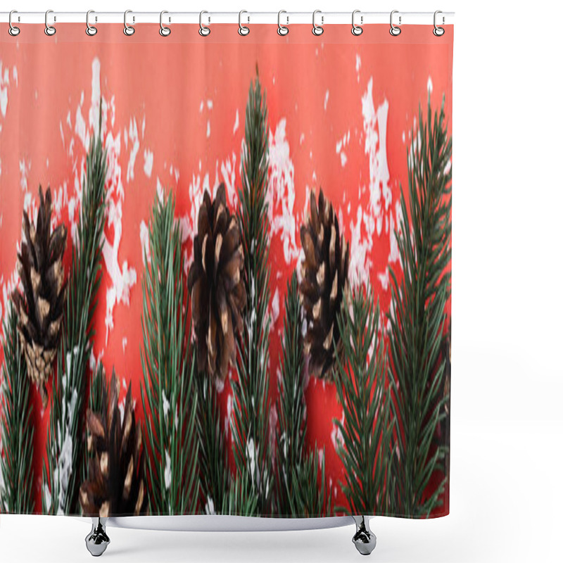 Personality  Pine Cones With Fir Branches And Artificial Snow, New Year Concept, Banner Shower Curtains