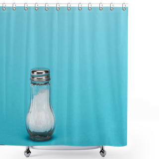 Personality  Glass Salt Shaker Full Of Salt On Blue Background With Copy Space Shower Curtains