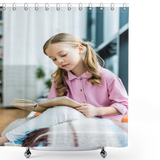 Personality  Selective Focus Of Cute Kid Sitting And Reading Book  Shower Curtains