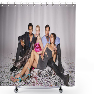 Personality  Stylish Interracial Friends Holding Champagne Glasses And Sitting On Confetti After New Year Party Shower Curtains