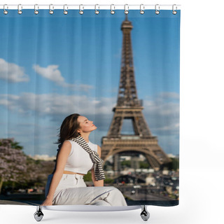 Personality  Pleased Young Woman In Stylish Outfit Sitting Near Eiffel Tower In Paris  Shower Curtains