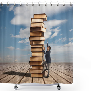 Personality  Man Climbing A Stack Of Books Shower Curtains