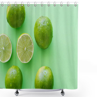 Personality  Top View Of Whole And Cut Limes With Water Drops On Green Background Shower Curtains