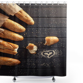 Personality  French Baguettes With Sesame Seed On Black Wooden Background Shower Curtains