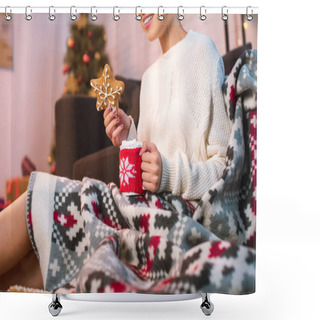 Personality  Woman In Blanked Holding Christmas Gingerbread Cookie And Cup With Hot Cocoa Shower Curtains