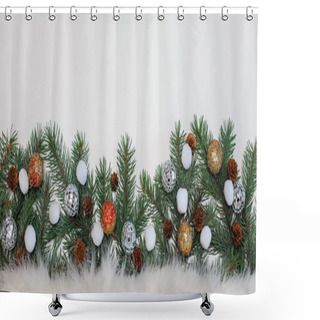 Personality  Christmas Composition Of Fir Branches, Pine Cones, Christmas Toys And Decorations With Space For Text, Horizontal Position On A White Background Shower Curtains