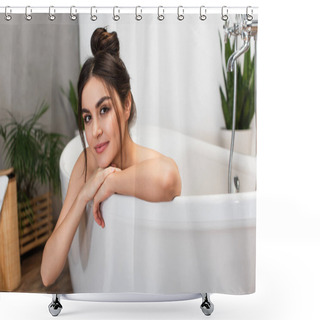 Personality  Cheerful Young Woman With Hair Bun Looking At Camera In Bathtub  Shower Curtains