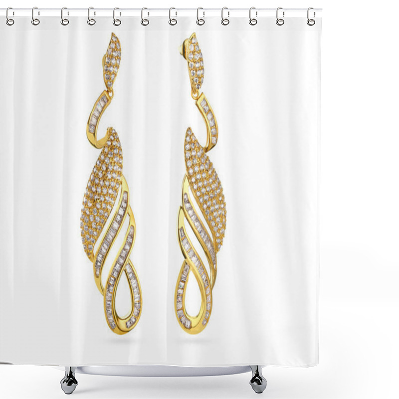 Personality  Golden Earrings With Crystals On White Background, Yellow Gold Jewelry Shower Curtains