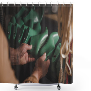 Personality  Cropped View Of Shoemaker Holding Shoe Last In Workshop Shower Curtains