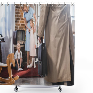 Personality  Cropped Shot Of Father With Briefcase Coming Home And Family Standing Behind, 1950s Style Shower Curtains