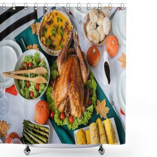 Personality  Top View Of Thanksgiving Dinner With Roasted Turkey And Fresh Vegetables Near Pumpkin Pie And Grilled Corn Shower Curtains