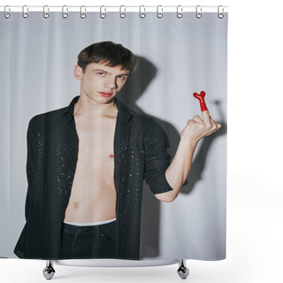 Personality  Provocative Young Man In Open Black Shirt Showing Middle Finger With Red Balloon On Grey Background Shower Curtains