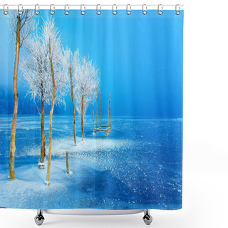 Personality  Old Pier Construction And Beautiful Frozen Trees Shower Curtains
