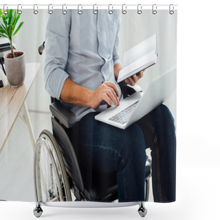 Personality  Cropped View Of Man In Wheelchair Holding Notebook And Laptop Shower Curtains