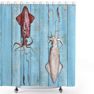 Personality  Two Raw Fresh Squids On A Wooden Board. Shower Curtains