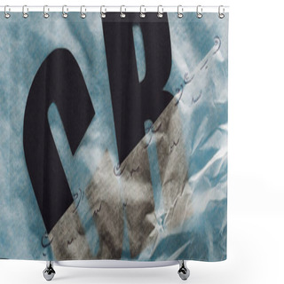 Personality  Panoramic Shot Of Black C And R Etters Immersed In Paper Symbolizing Water On Grey Paper Background Shower Curtains