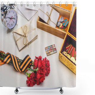 Personality  Closeup Shot Of Carnations Wrapped By St. George Ribbon, Letters, Medals In Boxes And Alarm Clock, Victory Day Concept  Shower Curtains