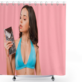 Personality  Attractive Girl In Swimsuit Looking At Chocolate Bar Isolated On Pink  Shower Curtains