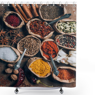 Personality  Top View Of Turmeric, Seeds And Caraway In Paper Bags On Table Shower Curtains