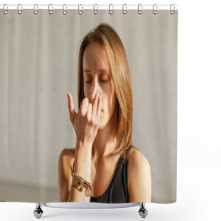 Personality  Attractive Woman With Closed Eyes Doing Breathing Exercise Shower Curtains