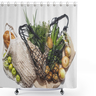 Personality  Place For Text. Bread And Agricultural Products, Vegetables In Knitted Bags On A White Background. No Plastic. Shower Curtains