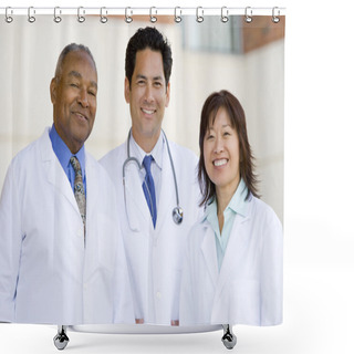 Personality  Three Doctors Standing Outside A Hospital Shower Curtains