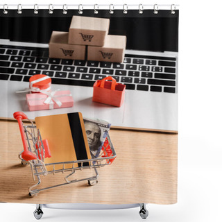 Personality  Credit Card And Money In Toy Shopping Cart Near Laptop With Small Packages On Table  Shower Curtains