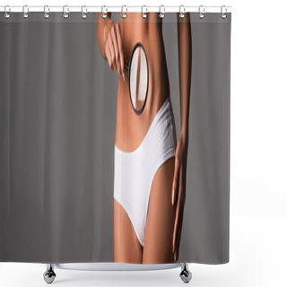 Personality  Panoramic Shot Of Sexy Girl In White Panties Holding Magnifying Glass Isolated On Grey Shower Curtains
