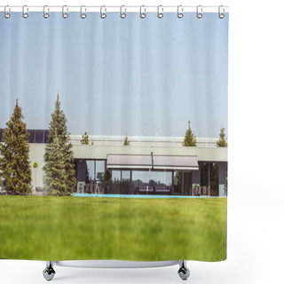 Personality  Surface Level Of Green Lawn And Modern Cottage Under Blue Clear Sky  Shower Curtains