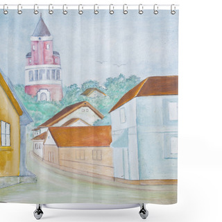 Personality  Little Town - Original Watercolor Painting Shower Curtains