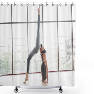 Personality  A Sports Sports Woman Who Is Doing Yoga Classes, Stretching Her Legs Near The Big Window. Shower Curtains
