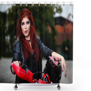 Personality  Portrait Of An Attractive Redhead Biker Chick Shower Curtains