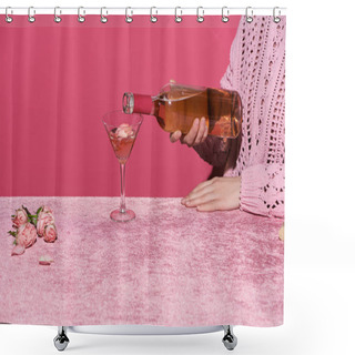 Personality  Cropped View Of Woman Pouring Rose Wine Near Rose Petals On Velour Cloth Isolated On Pink, Girlish Concept  Shower Curtains