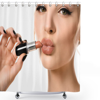 Personality  Close Up View Of Beautiful Woman Holding Beige Lipstick Near Lips Isolated On White Shower Curtains