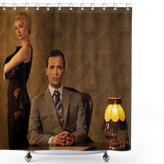 Personality  Man In Suit With Woman Behind Him. Shower Curtains