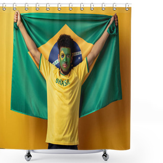 Personality  African American Football Fan With Painted Face Holding Brazilian Flag On Yellow Shower Curtains