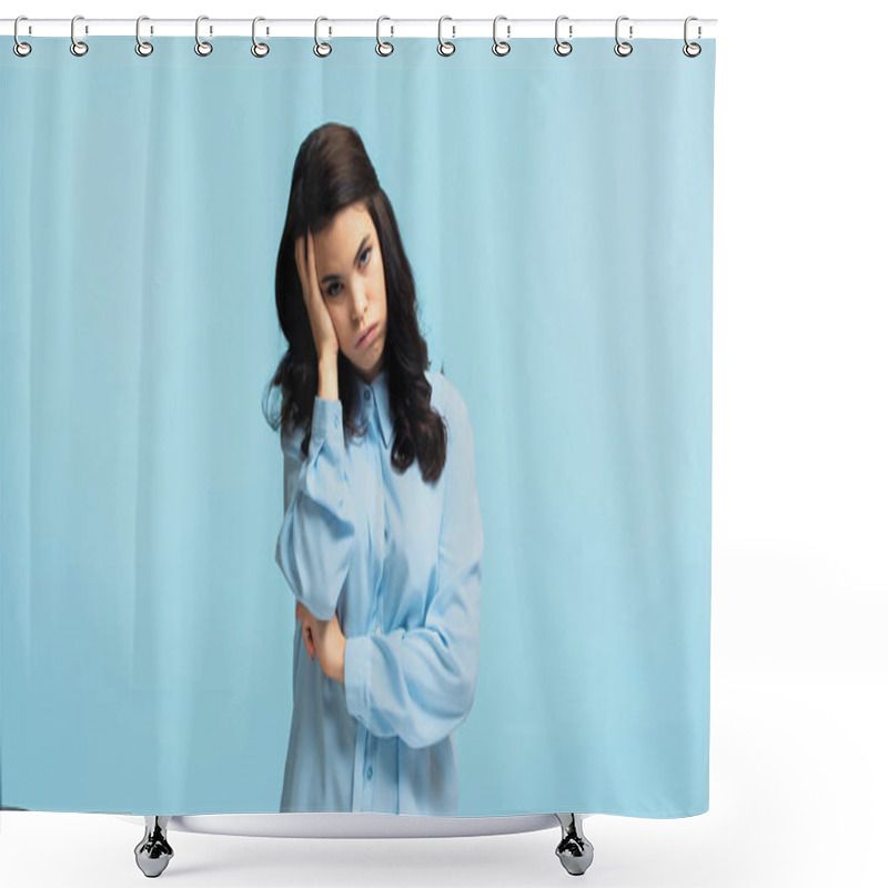 Personality  Displeased Young Woman In Shirt Touching Head While Puffing Cheeks Isolated On Blue Shower Curtains