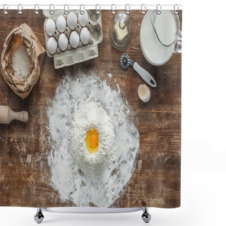Personality  Top View Of White Flour Pile With Egg And Baking Ingredients On Wooden Table Shower Curtains