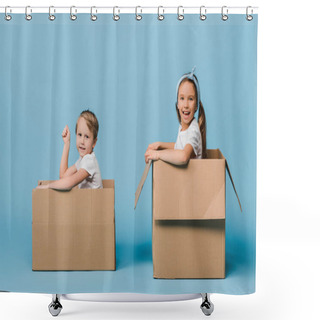 Personality  Adorable Cheerful Siblings Playing In Cardboard Boxes On Blue Shower Curtains