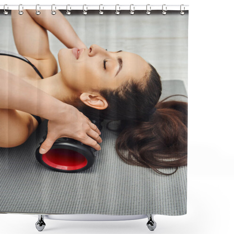 Personality  Portrait Of Young Relaxed And Brunette Woman Massaging Neck For Lymphatic Circulation With Roller Massager On Fitness Mat At Home, Sense Of Tranquility And Promote Relaxation Concept Shower Curtains