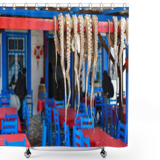 Personality  Traditional Greek Food Octopus Drying In The Sun In The Village  Shower Curtains
