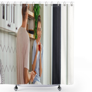 Personality  Smiling Brunette Woman In Loungewear Holding Tea Near Boyfriend With Breakfast In Kitchen,banner Shower Curtains
