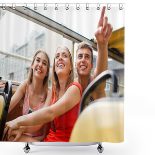 Personality  Group Of Smiling Friends Traveling By Tour Bus Shower Curtains