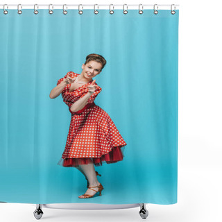 Personality  Beautiful Dancer Pointing With Fingers At Camera While Dancing Boogie-woogie On Blue Background Shower Curtains