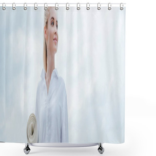 Personality  Panoramic Shot Of Cheerful Young Blonde Woman Standing Near Sea And Holding Yoga Mat  Shower Curtains